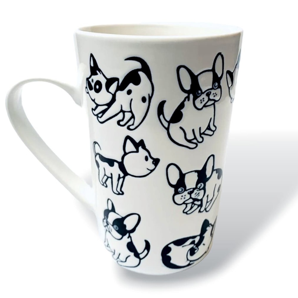 Graydon Hall Dog Mug, Black and White, Praying Dog, Kissing Dog, Playful Dog